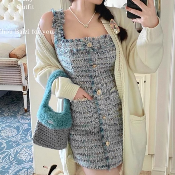 Vintage Chic Tweed birthday dress Mini Dress with pockets Blue Pastel Plaid - Picture 6 of 8